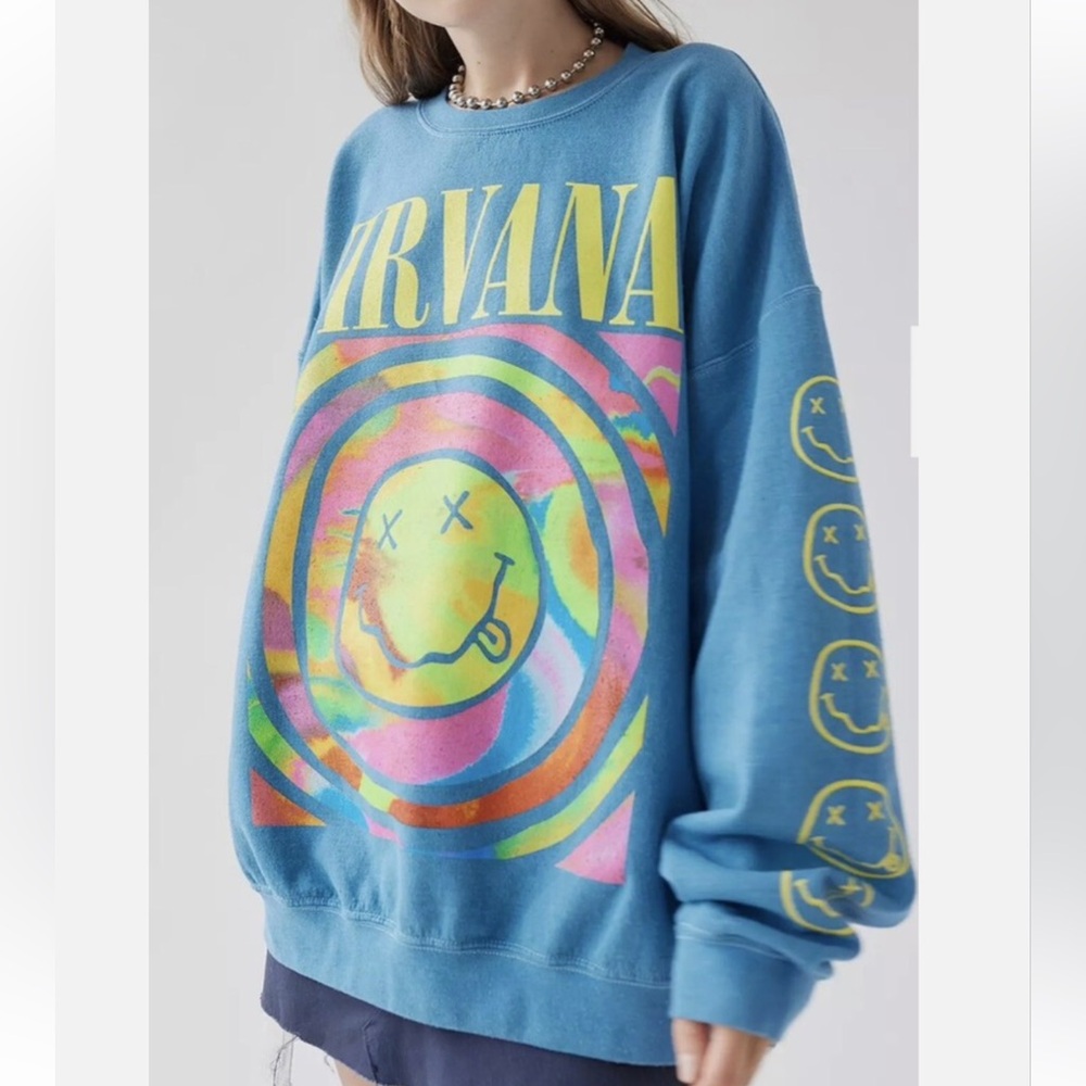 Urban Outfitters NIRVANA Vibrant Blue Smiley Sweatshirt L/XL
